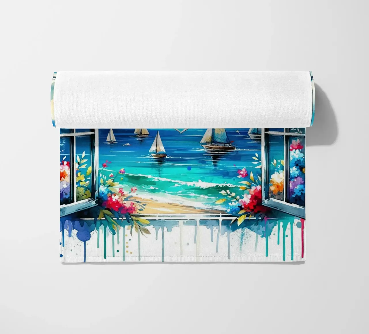 Vue du bord de mer depuis une fenêtre ouverte serviette de plage de Chromatic Fusion Studio