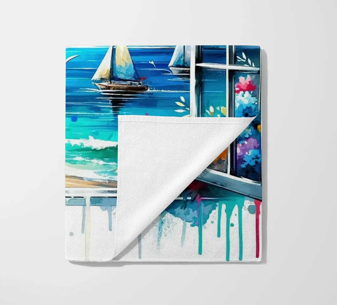 Vue du bord de mer depuis une fenêtre ouverte serviette de plage de Chromatic Fusion Studio