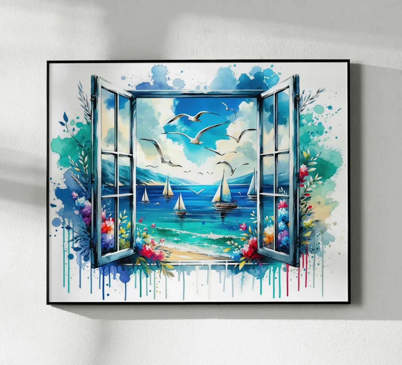 Vue du bord de mer depuis une fenêtre ouverte plexiglas de Chromatic Fusion Studio