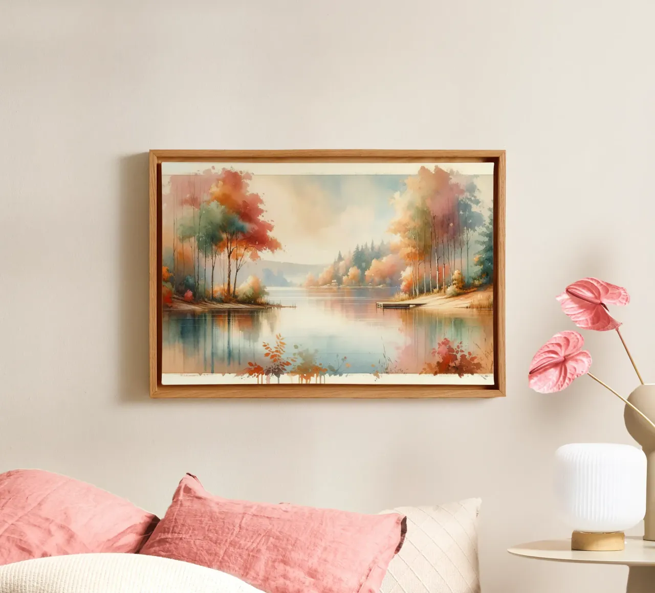Serene Autumn Lake Reflection canvas with Floater frame by Chromatic Fusion Studio