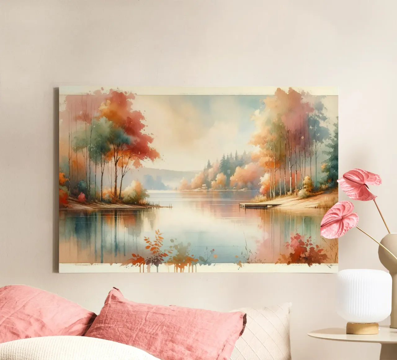 Serene Autumn Lake Reflection canvas with Floater frame by Chromatic Fusion Studio