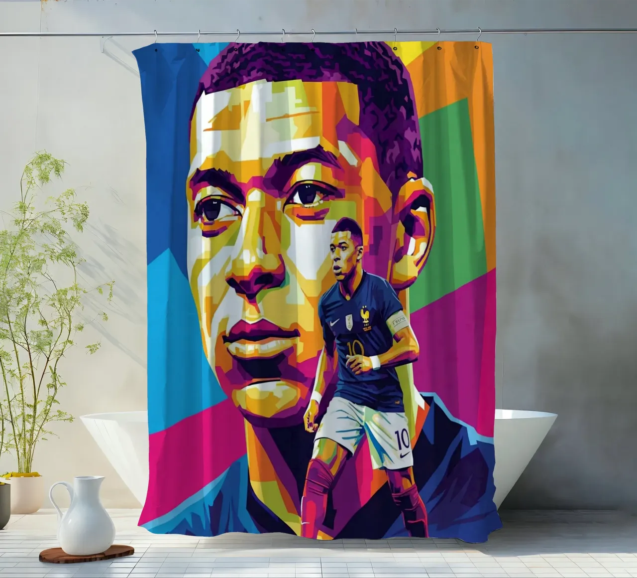 Kylian Mbappe - WPAP art style (4) Duschvorhang von Hantamrata