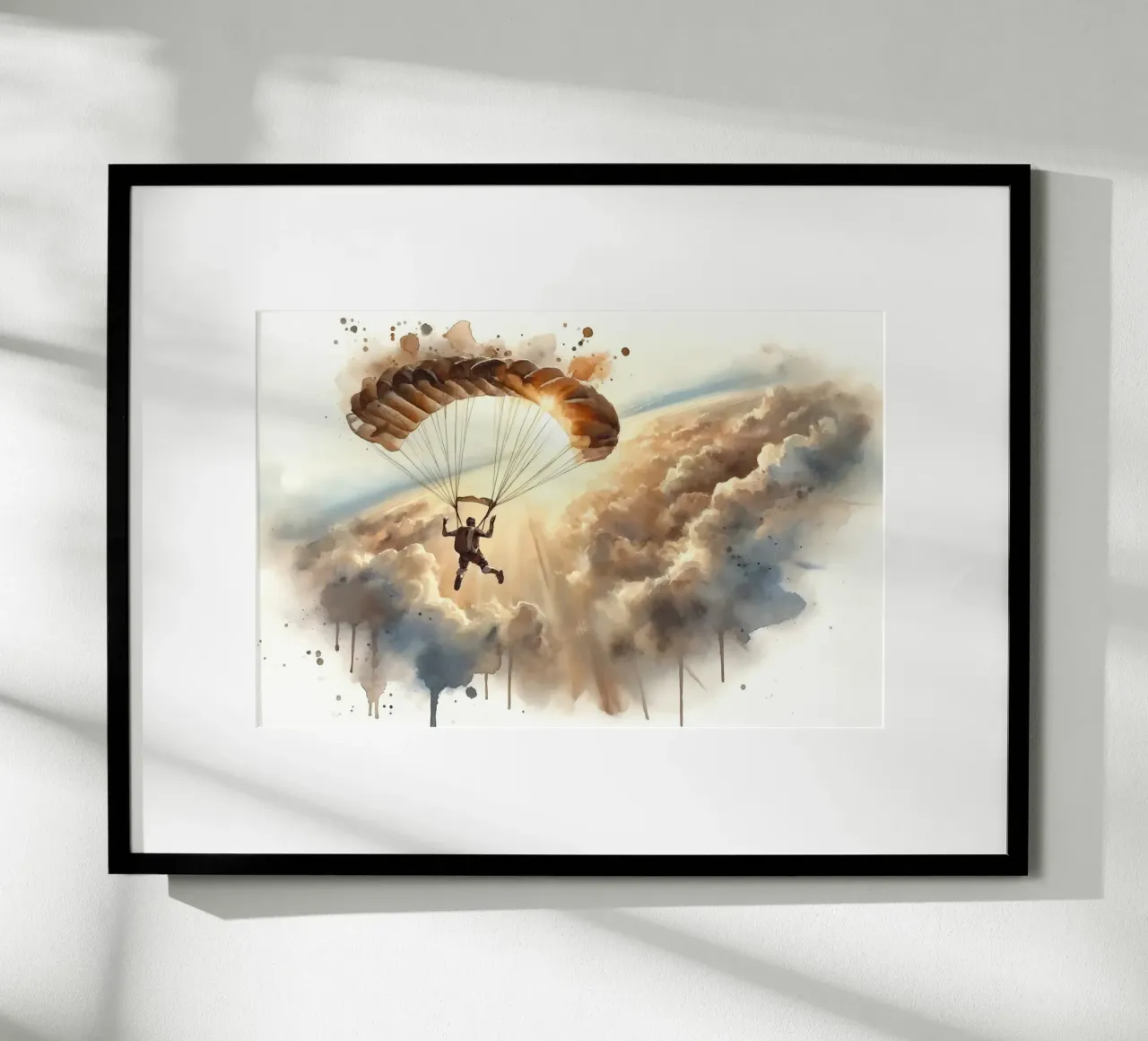 Discesa di un paracadutista nel vasto cielo aperto poster con telaio in legno da Chromatic Fusion Studio