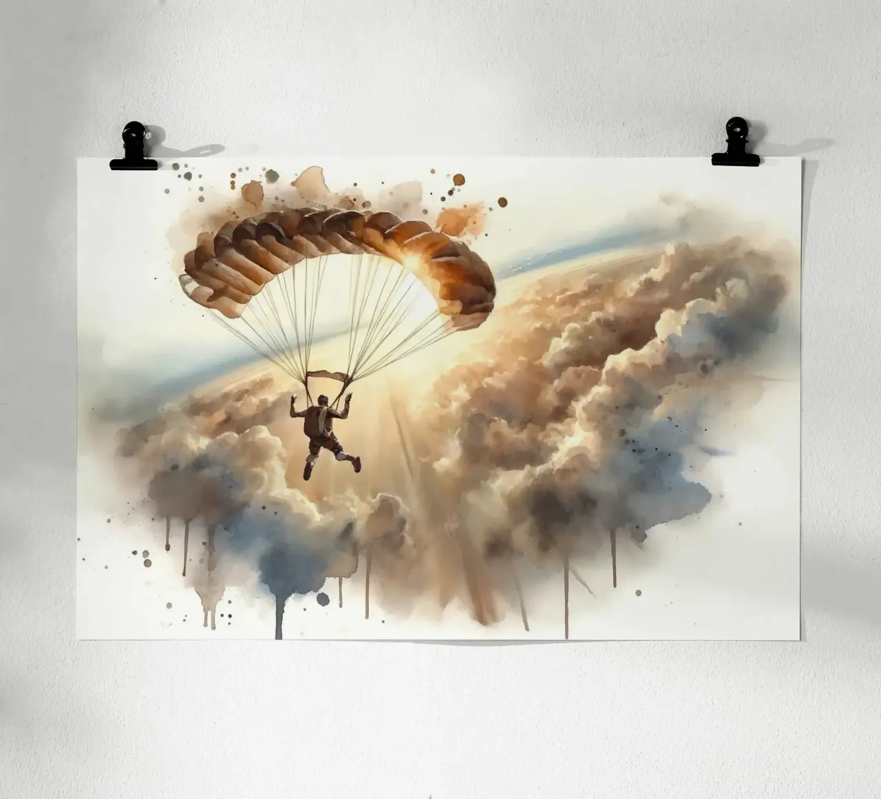 Discesa di un paracadutista nel vasto cielo aperto poster con telaio in legno da Chromatic Fusion Studio