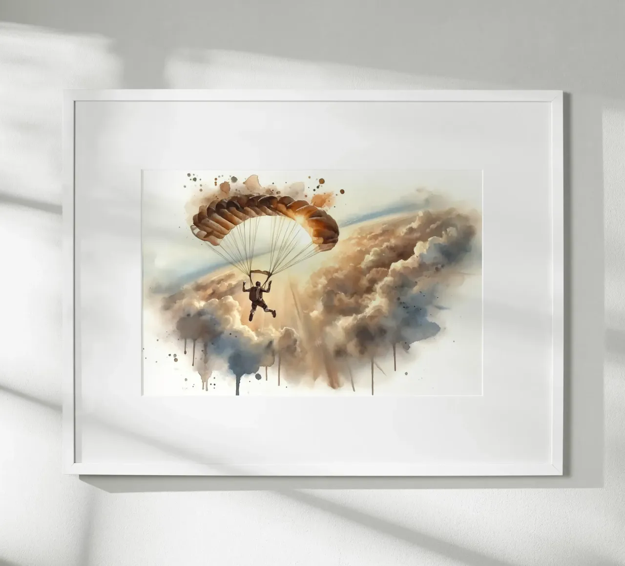 Discesa di un paracadutista nel vasto cielo aperto poster con telaio in legno da Chromatic Fusion Studio
