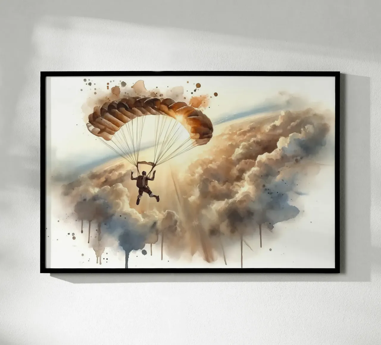 Discesa di un paracadutista nel vasto cielo aperto poster con telaio in legno da Chromatic Fusion Studio