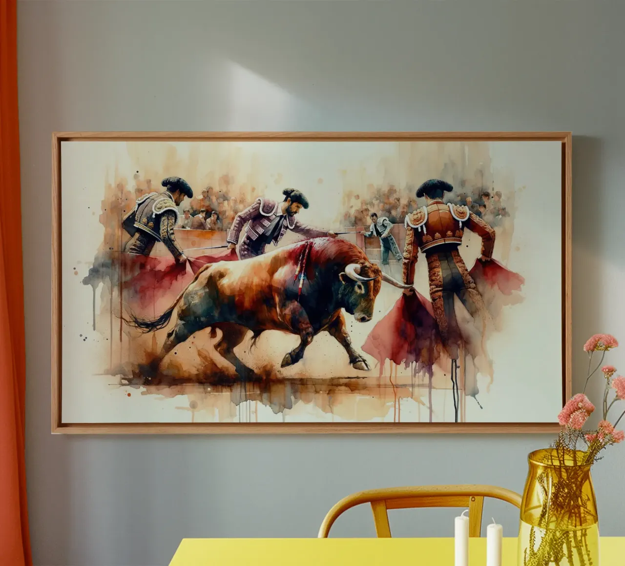 Überlebenskampf der spanischen Stiermatadore Leinwand mit Schattenfugenrahmen von Chromatic Fusion Studio