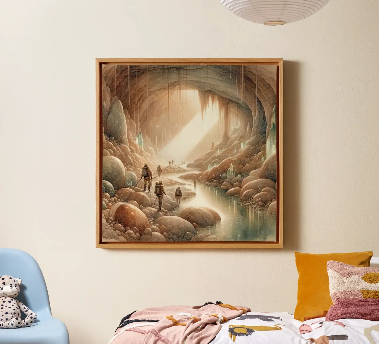 Sunlit Cave Exploration canvas with Floater frame by Chromatic Fusion Studio