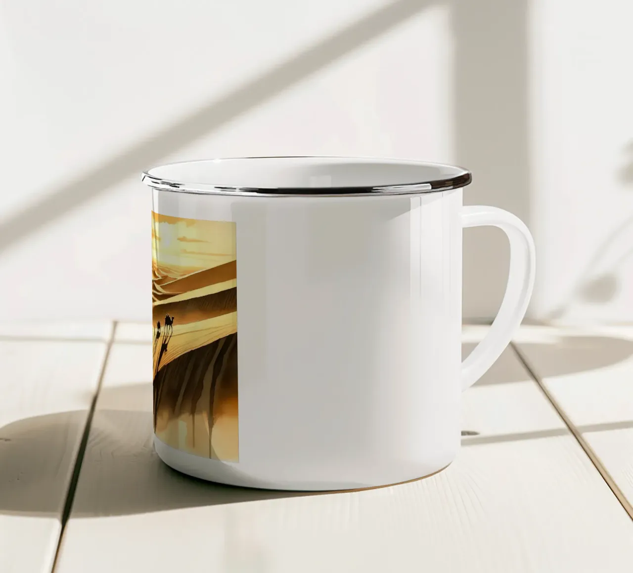 Viaggio tra le dune illuminate dal sole tazza in smalto da Chromatic Fusion Studio