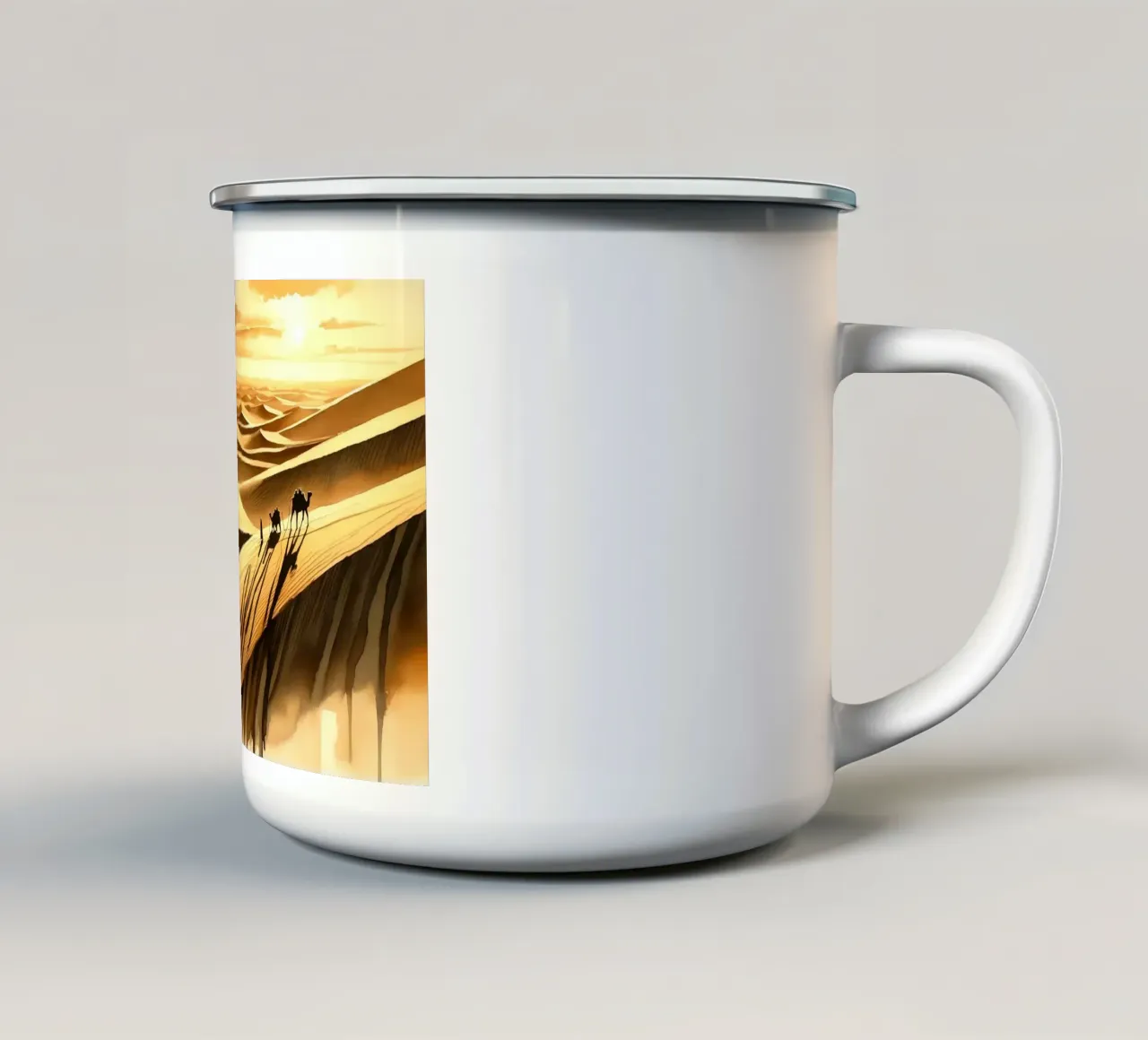 Viaggio tra le dune illuminate dal sole tazza in smalto da Chromatic Fusion Studio