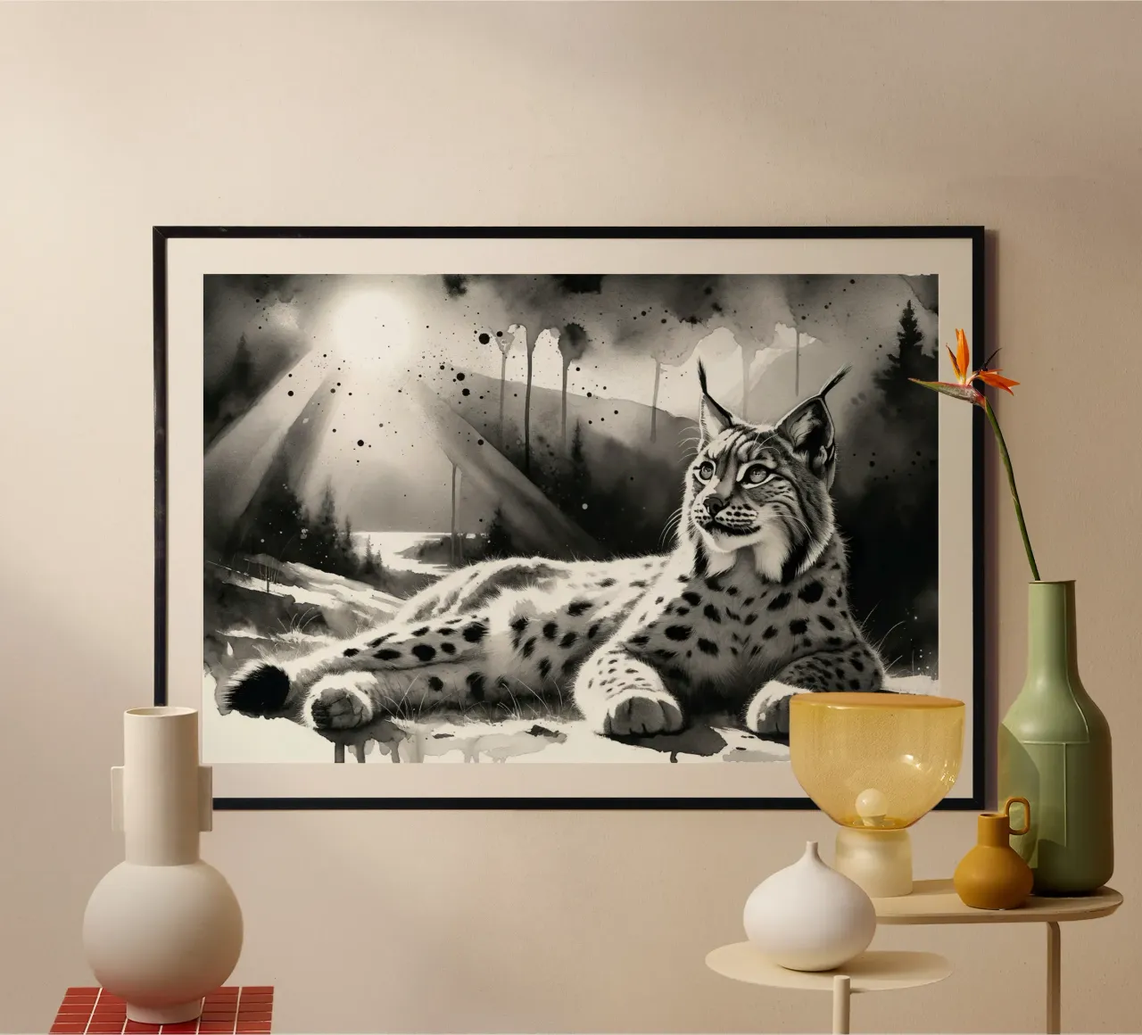 Riposo della lince illuminata dal sole poster con telaio in legno da Chromatic Fusion Studio