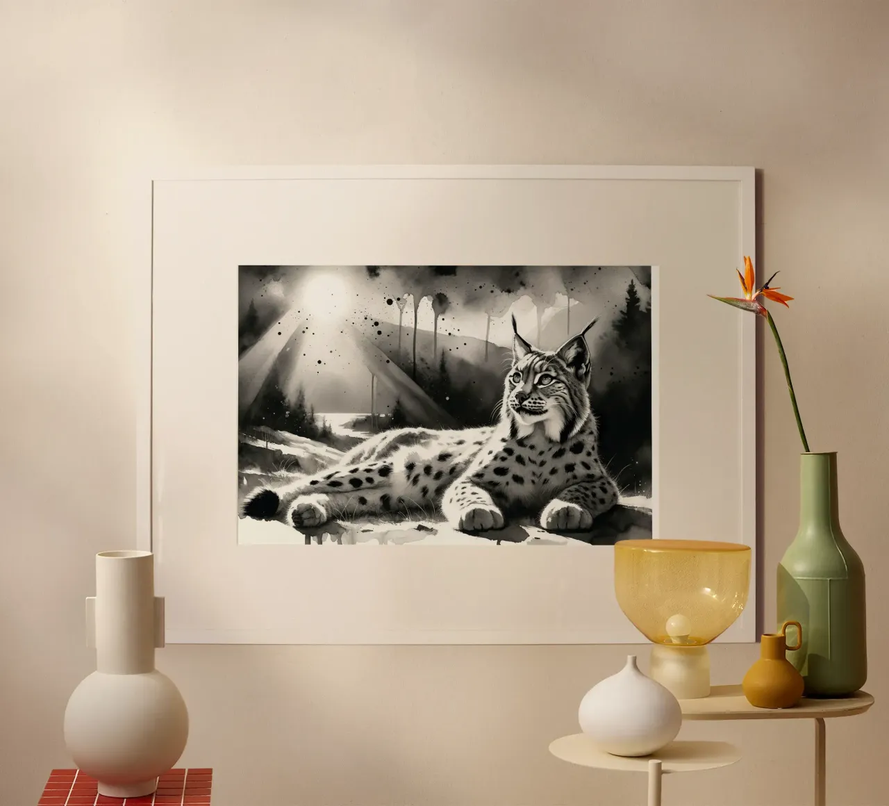 Riposo della lince illuminata dal sole poster con telaio in legno da Chromatic Fusion Studio