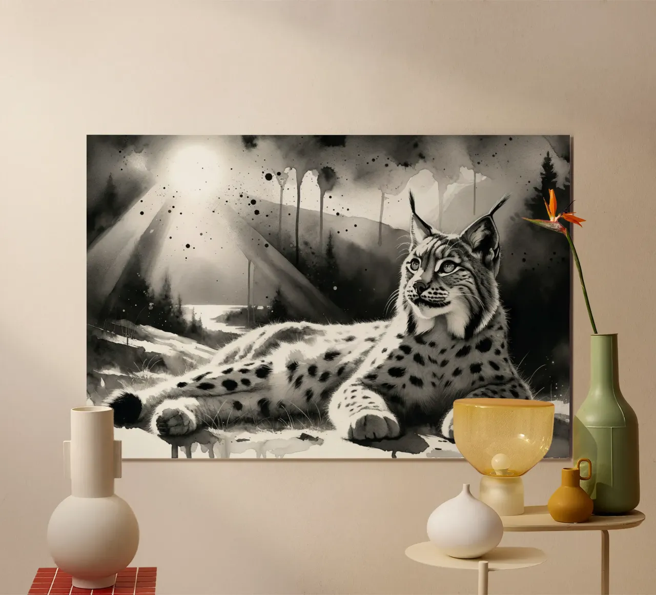 Riposo della lince illuminata dal sole poster con telaio in legno da Chromatic Fusion Studio