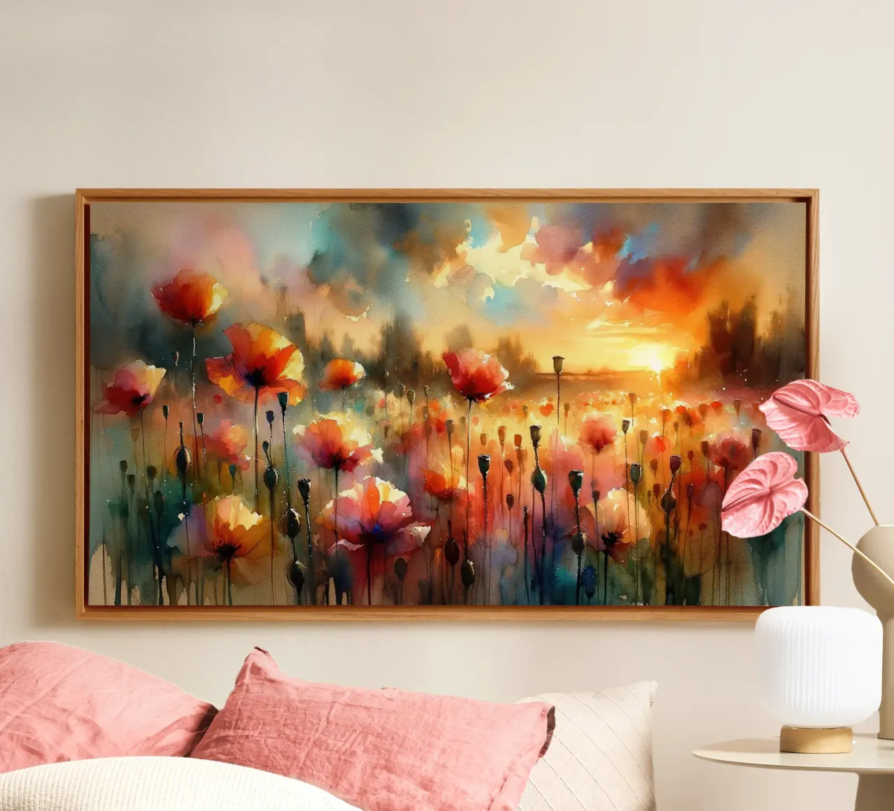 Sunlit Poppy Meadows canvas with Floater frame by Chromatic Fusion Studio