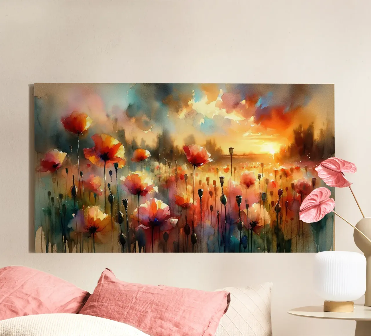 Sunlit Poppy Meadows canvas with Floater frame by Chromatic Fusion Studio