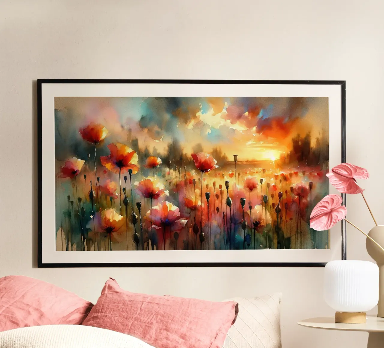 Sonnenbeschienene Mohnblumenwiesen Poster mit Kunststoffrahmen von Chromatic Fusion Studio