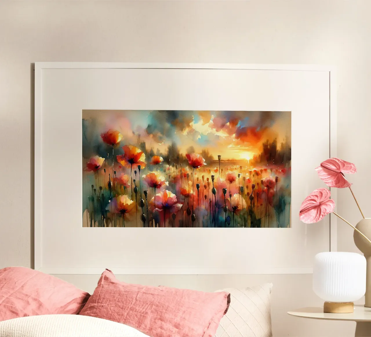 Sonnenbeschienene Mohnblumenwiesen Poster mit Kunststoffrahmen von Chromatic Fusion Studio