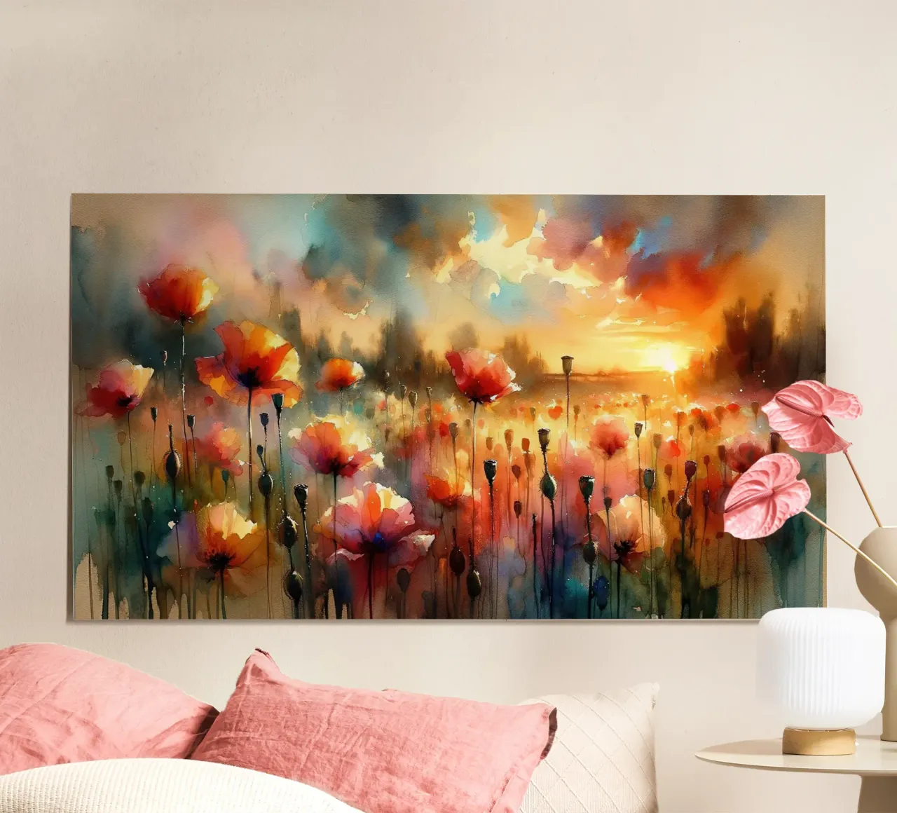 Sonnenbeschienene Mohnblumenwiesen Poster mit Kunststoffrahmen von Chromatic Fusion Studio