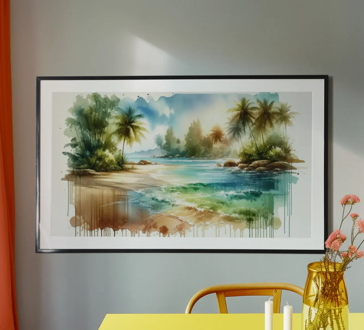 Spiaggia tropicale illuminata dal sole poster con telaio in alluminio da Chromatic Fusion Studio