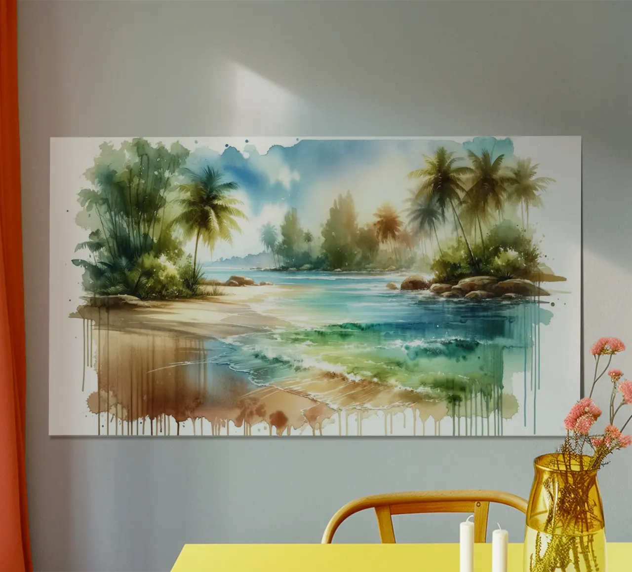 Spiaggia tropicale illuminata dal sole poster con telaio in alluminio da Chromatic Fusion Studio