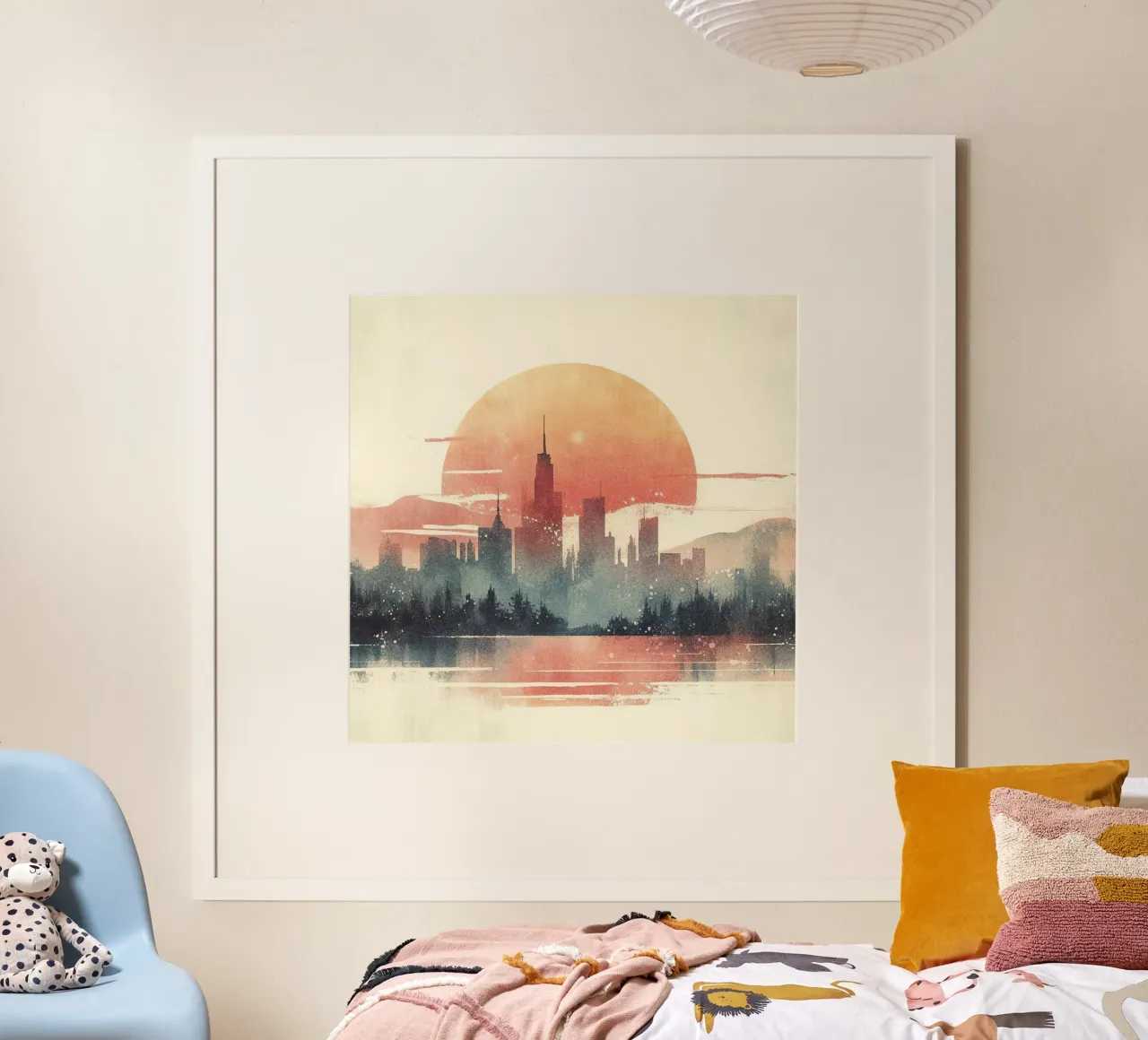 Tramonto sulla città poster con telaio in plastica da Chromatic Fusion Studio