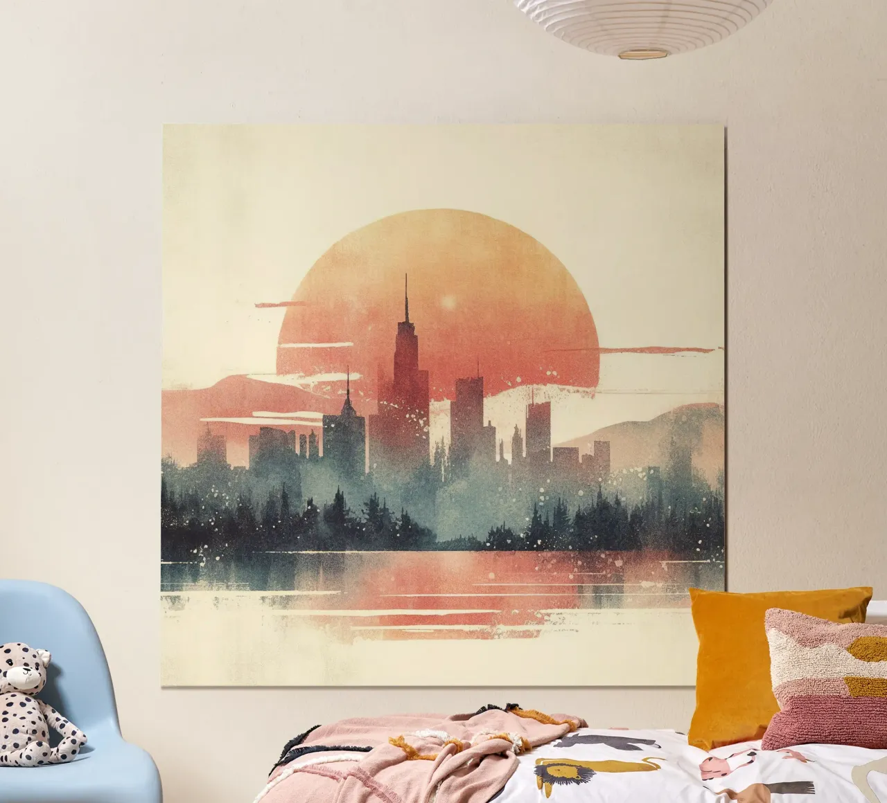Tramonto sulla città poster con telaio in plastica da Chromatic Fusion Studio
