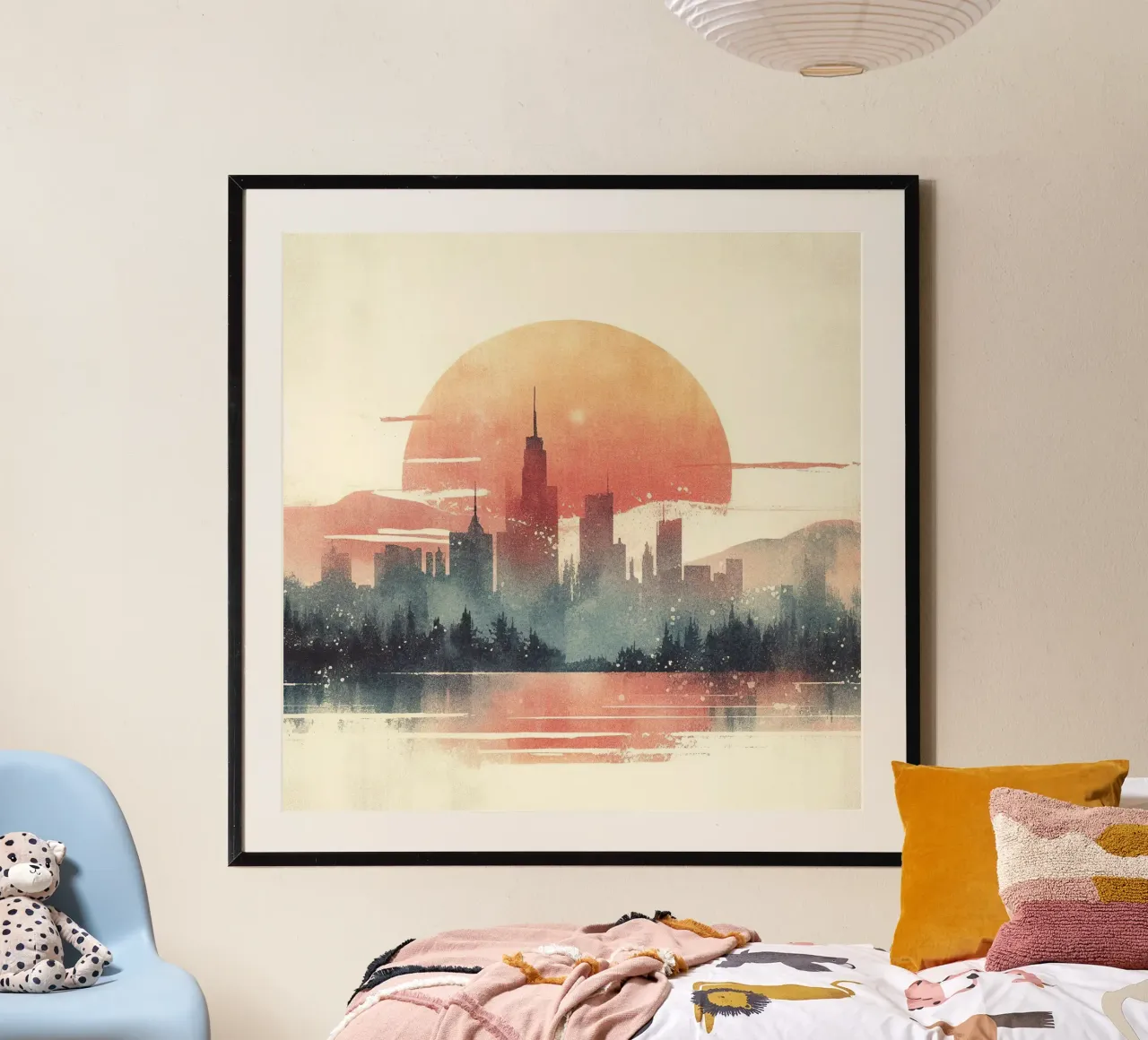 Tramonto sulla città poster con telaio in plastica da Chromatic Fusion Studio