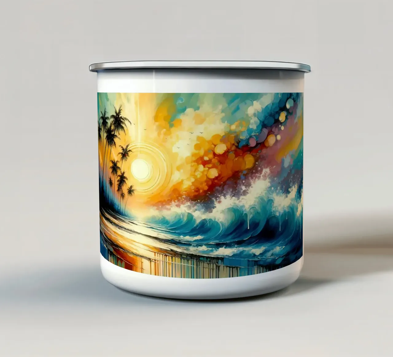 Zonsondergangsymfonie in de omarming van de oceaan emaille mok van Chromatic Fusion Studio