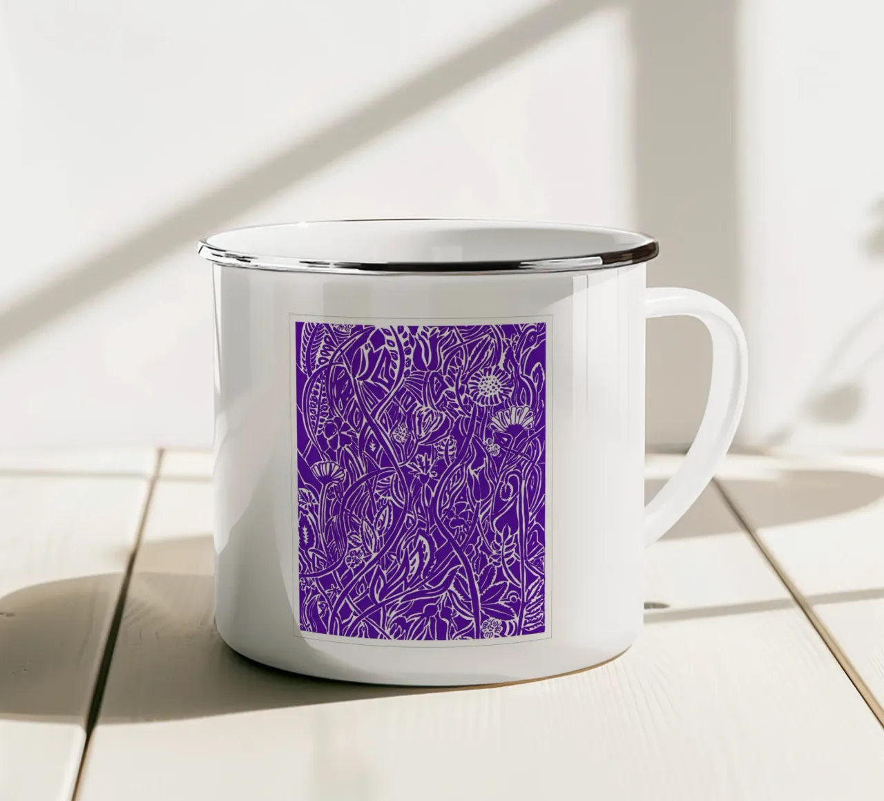 Floral design white on blue-violet enamel mug by PaperLine Art