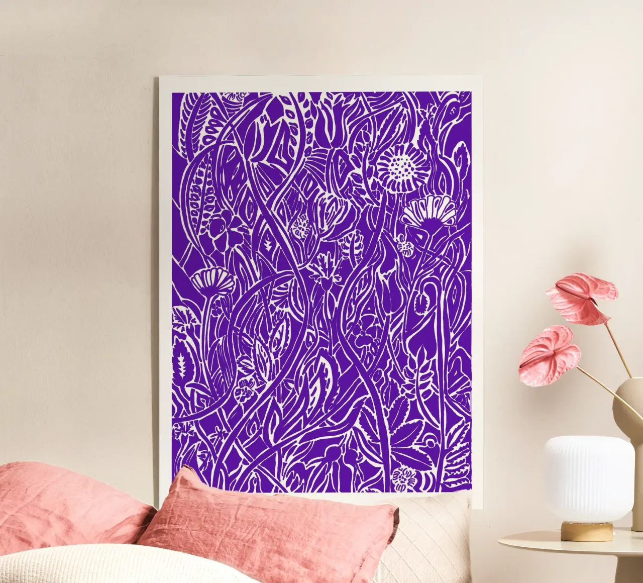 Florales Design weiß auf Blauviolett Acryl-Glas von PaperLine Art
