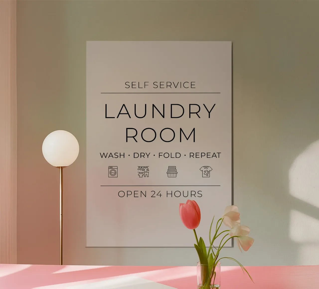 Self Service Laundry Room Wash, Dry, Repeat poster con telaio in alluminio da Attaboy Dsgn