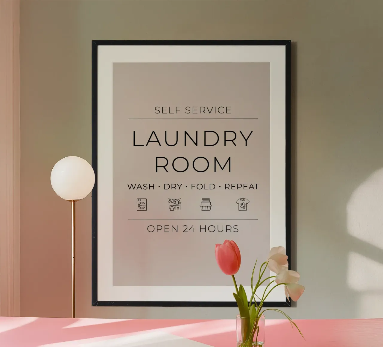 Self Service Laundry Room Wash, Dry, Repeat poster con telaio in alluminio da Attaboy Dsgn