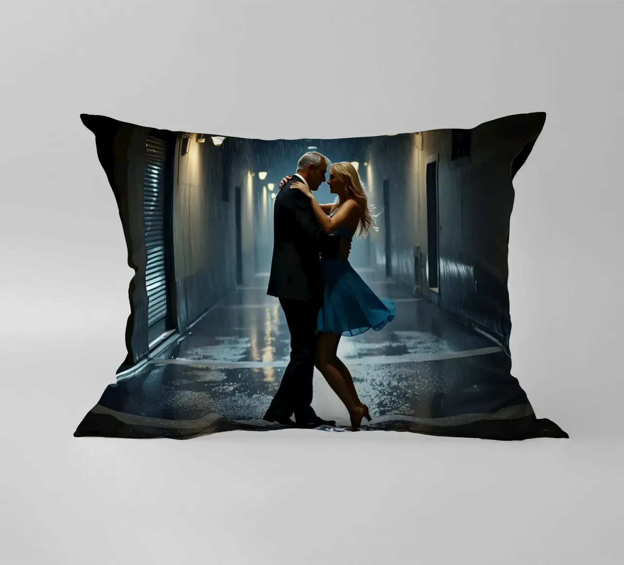 Dancing in an alley in the rain decorative cushion by Magic Screen