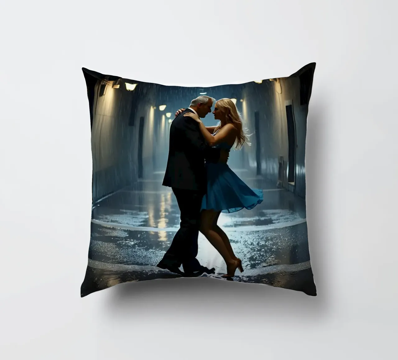 Dancing in an alley in the rain decorative cushion by Magic Screen