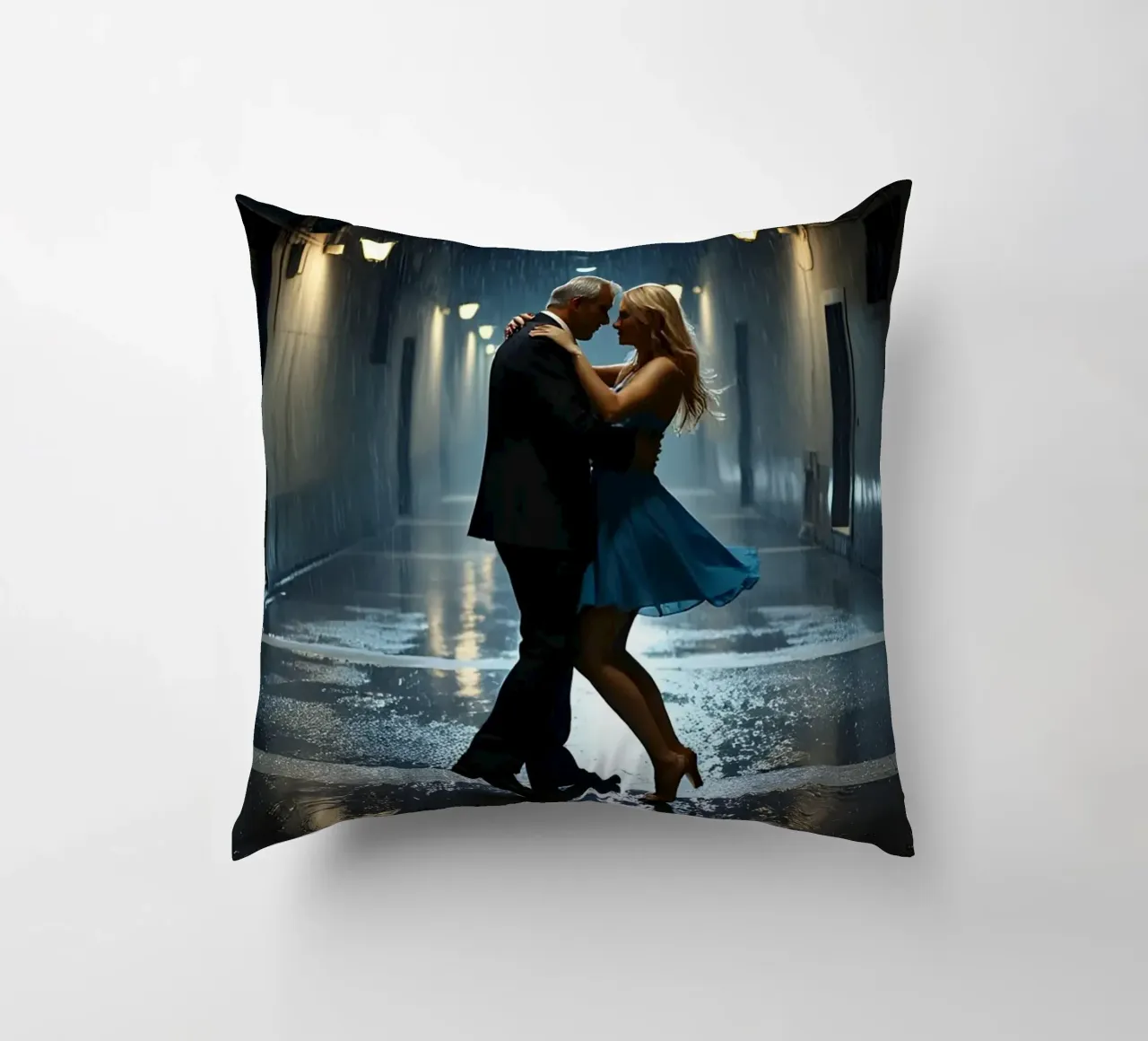 Dancing in an alley in the rain decorative cushion by Magic Screen