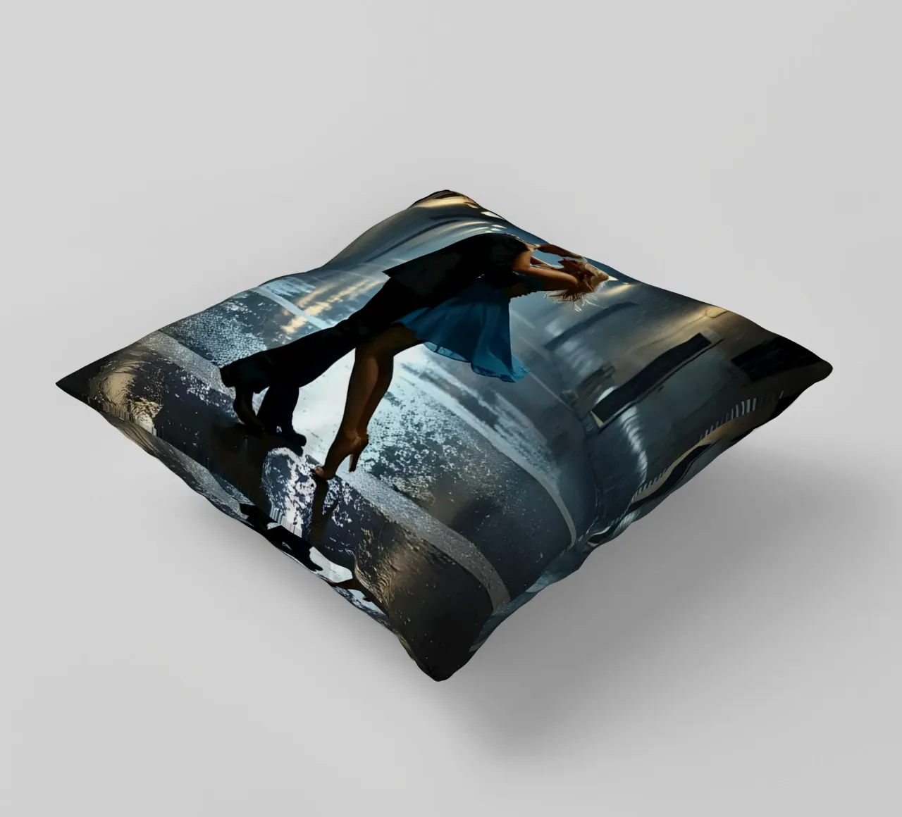 Dancing in an alley in the rain decorative cushion by Magic Screen
