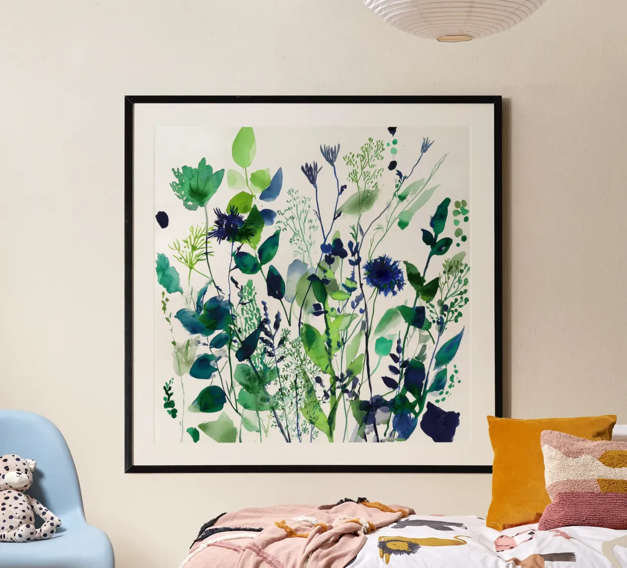 Verdure in blu poster con telaio in legno da Sophia Calder Studio