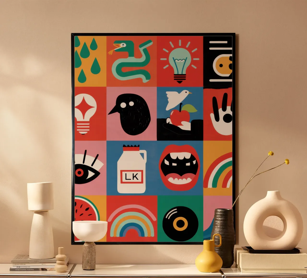 Medley di icone moderne poster con telaio in legno da Line Fable