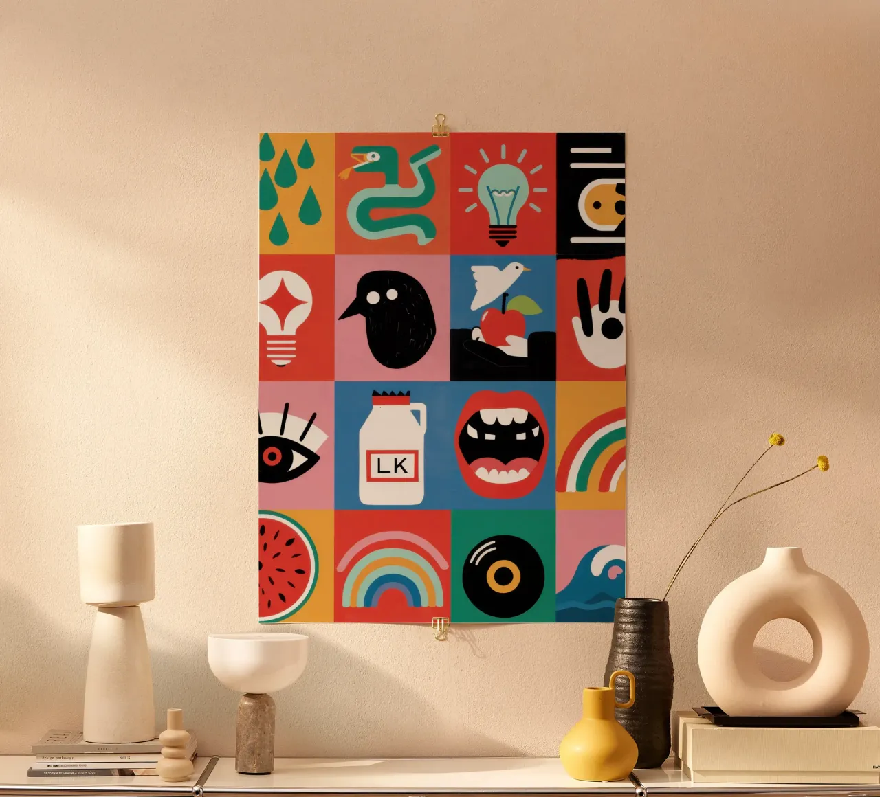 Medley di icone moderne poster con telaio in legno da Line Fable