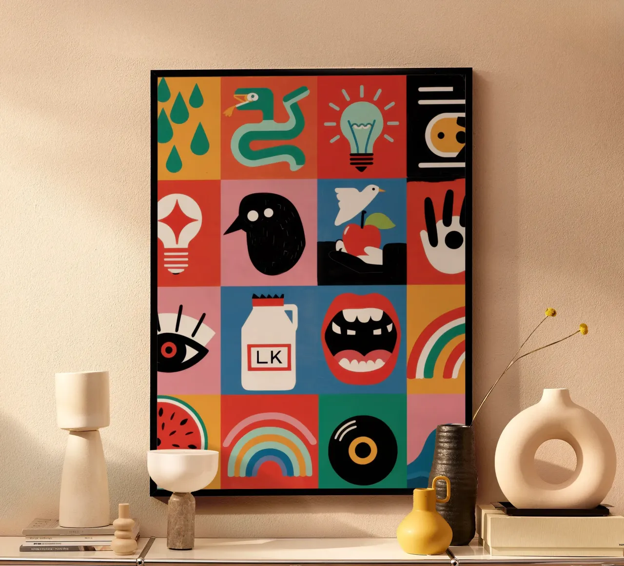 Medley di icone moderne poster con telaio in legno da Line Fable