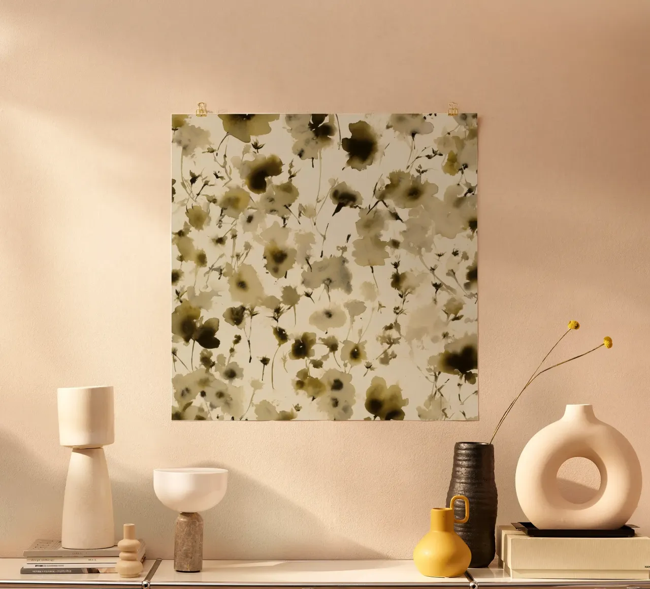 Deriva del fiore pallido poster con telaio in alluminio da Sophia Calder Studio