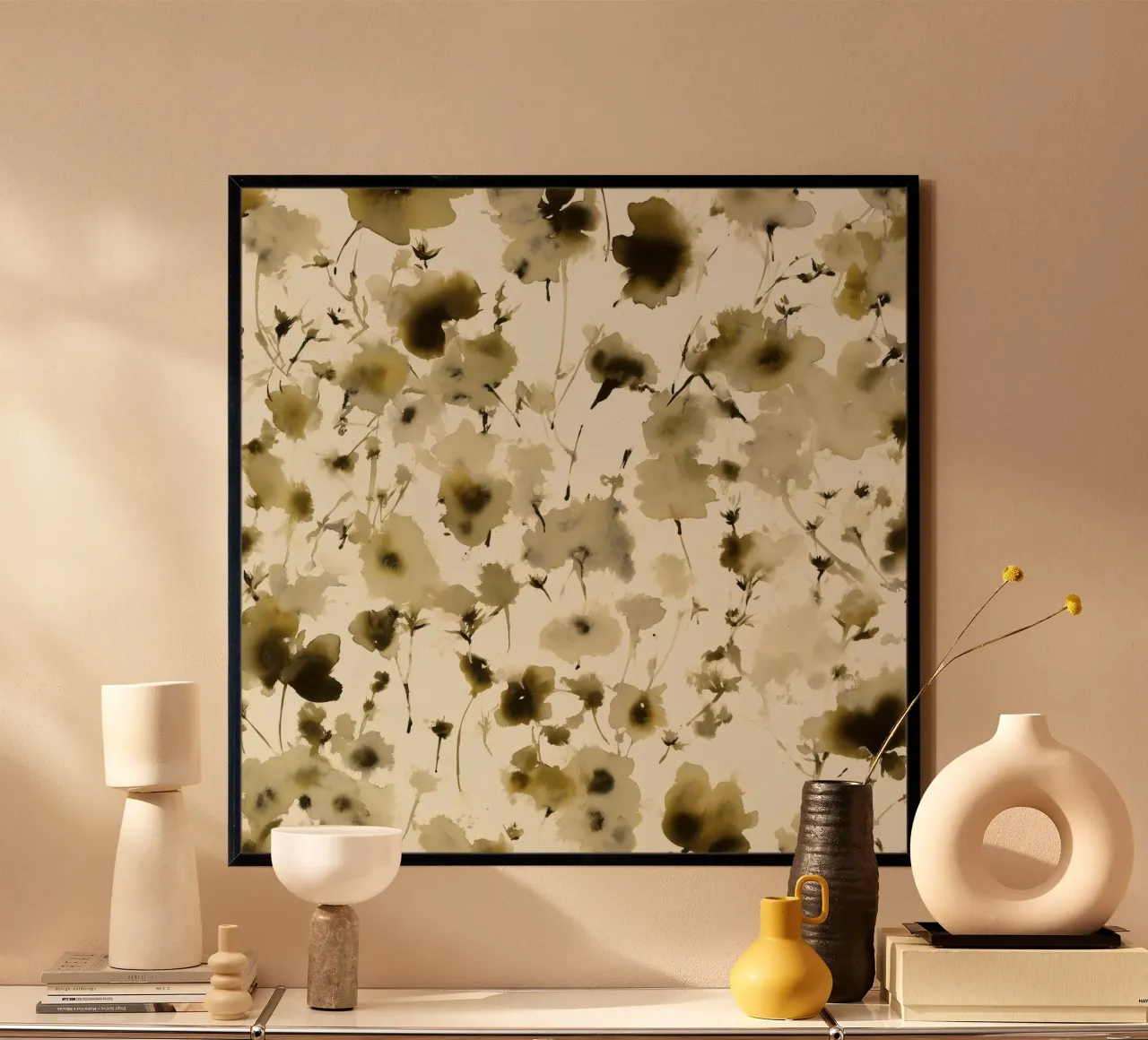 Deriva del fiore pallido poster con telaio in alluminio da Sophia Calder Studio