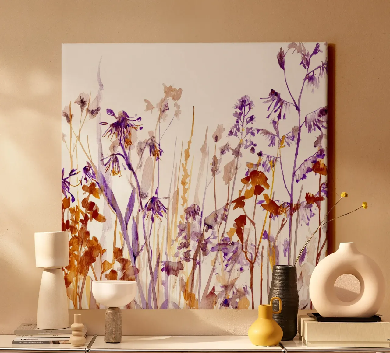 Wilde weide in sienna en violet canvas met Baklijst van Sophia Calder Studio