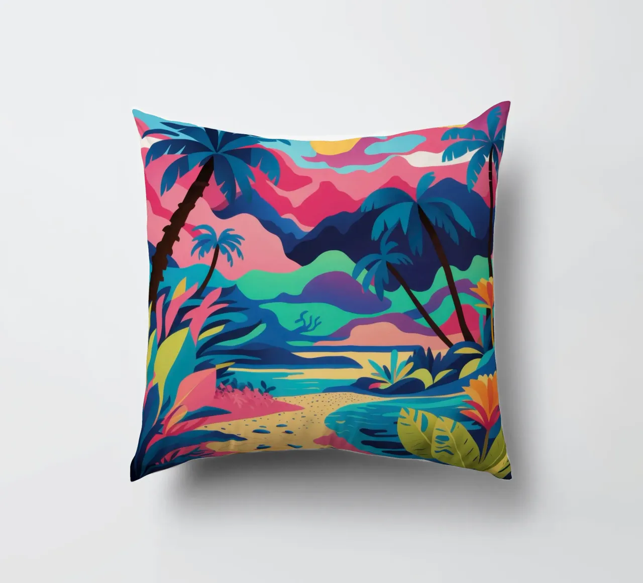 Tropical Sunset Lagoon decorative cushion by Solar Paint