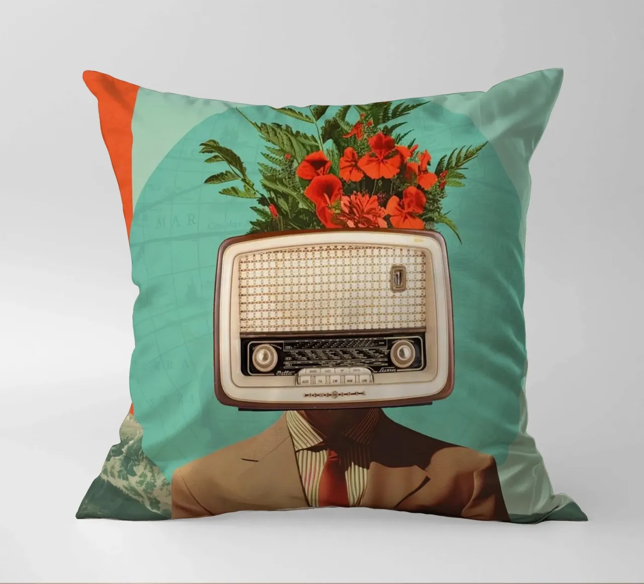 Uomo con testa di radio e fiori cuscino da Dapidoka