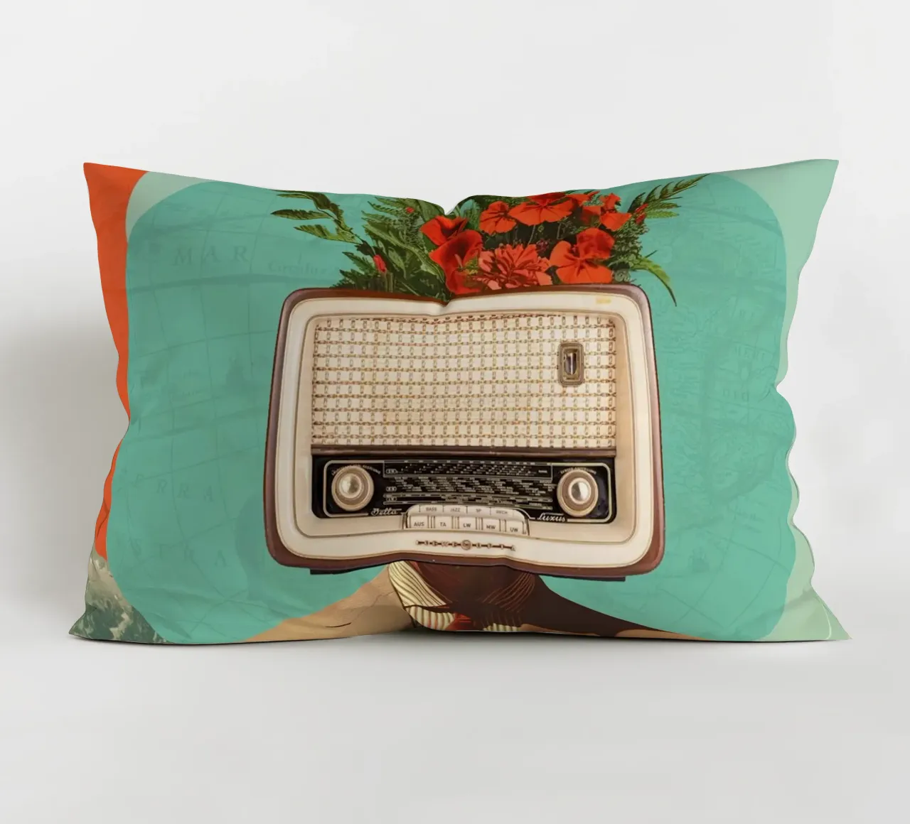 Uomo con testa di radio e fiori cuscino da Dapidoka