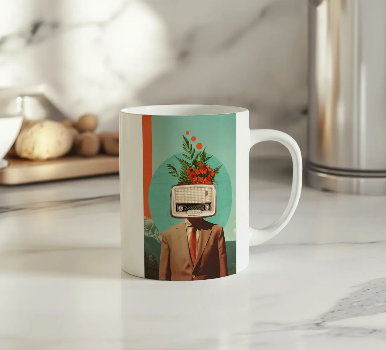 Uomo con testa di radio e fiori tazza in ceramica da Dapidoka