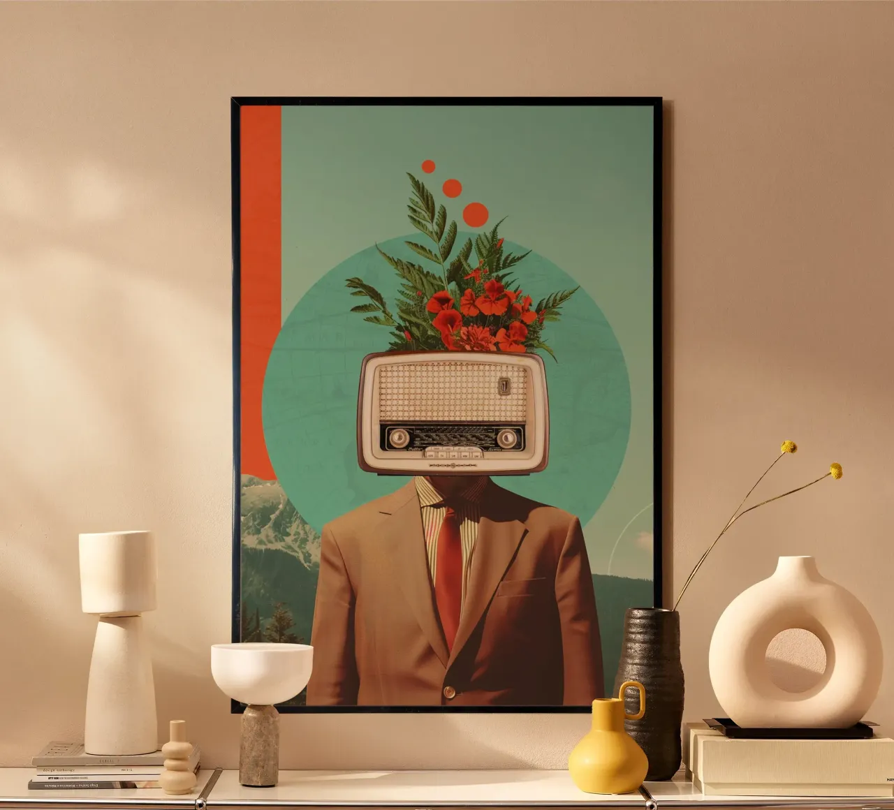 Uomo con testa di radio e fiori carta hahnemühle da Dapidoka