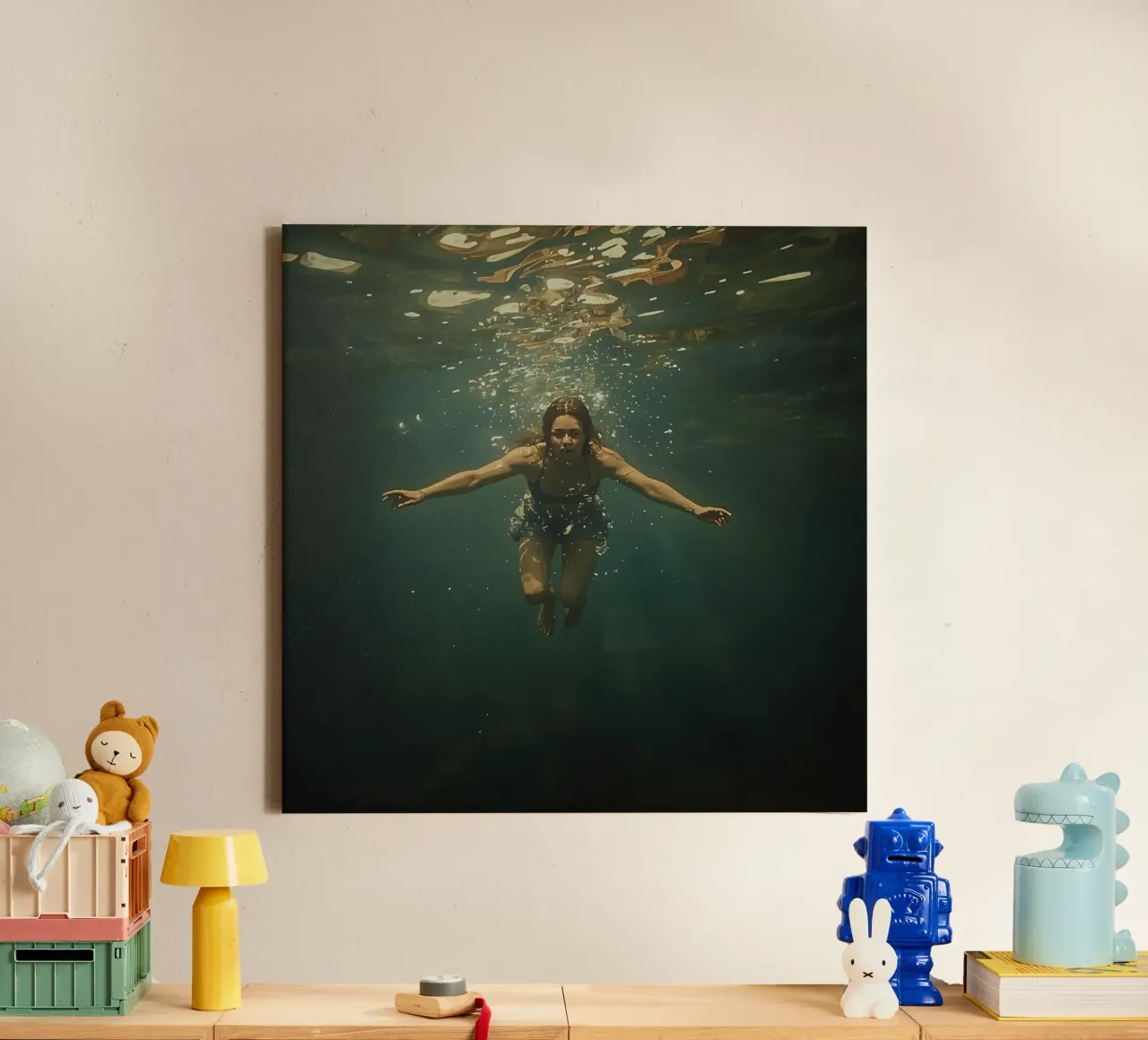 Nuotatore subacqueo che esplora le profondità dell'oceano tela con Cornice a cassetta da DesignDoodle