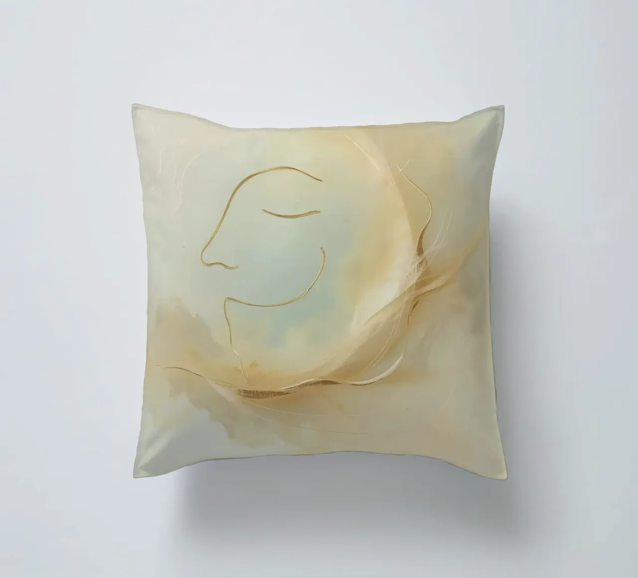 Abstract portrait of a smiling face rendered in soft hues decorative cushion by DesignDoodle